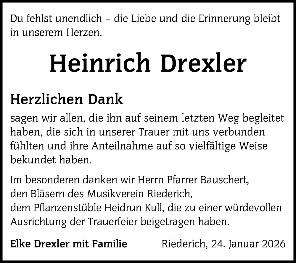  Traueranzeige für Heinrich Drexler vom 24.01.2026 aus Alb-Bote/Metzinger-Uracher Volksblatt