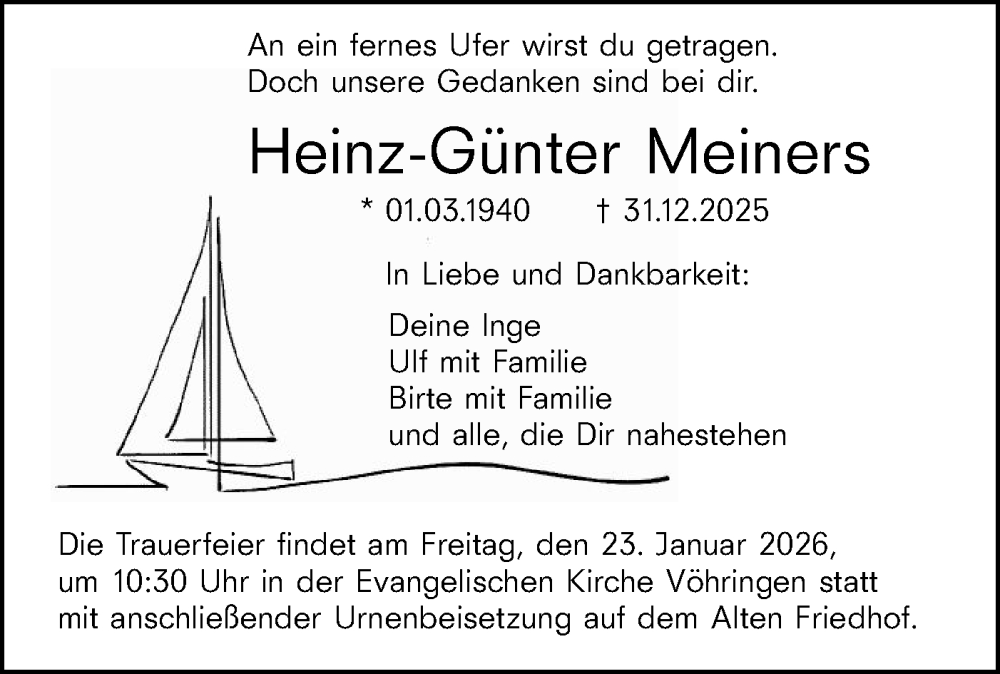  Traueranzeige für Heinz-Günter Meiners vom 17.01.2026 aus SÜDWEST PRESSE Ausgabe Ulm/Neu-Ulm