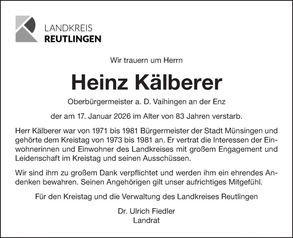  Traueranzeige für Heinz Kälberer vom 24.01.2026 aus Alb-Bote/Metzinger-Uracher Volksblatt