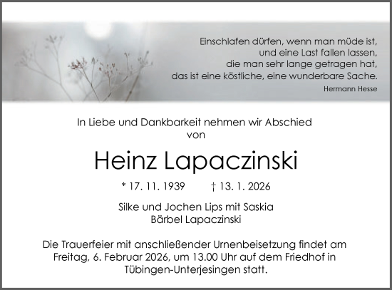 Traueranzeige von Heinz Lapaczinski von Schwäbische Tagblatt