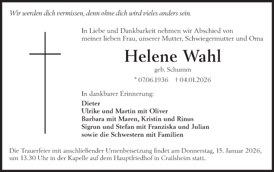Traueranzeige von Helene Wahl von Hohenloher Tagblatt