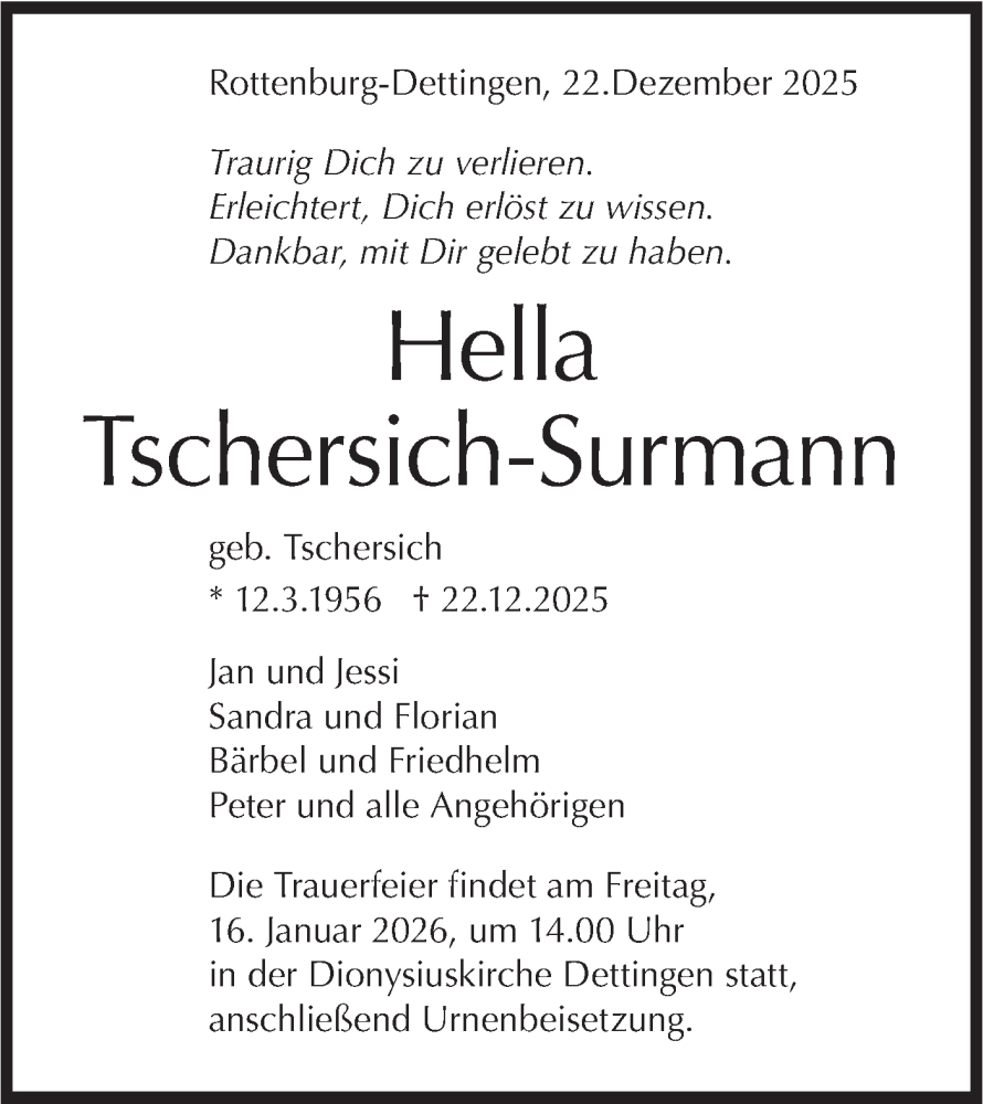  Traueranzeige für Hella Tschersich-Surmann vom 13.01.2026 aus Schwäbische Tagblatt