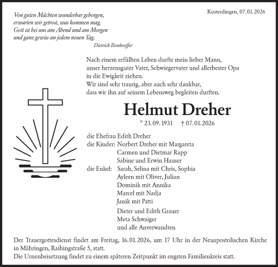 Traueranzeige von Helmut Dreher von Schwäbische Tagblatt