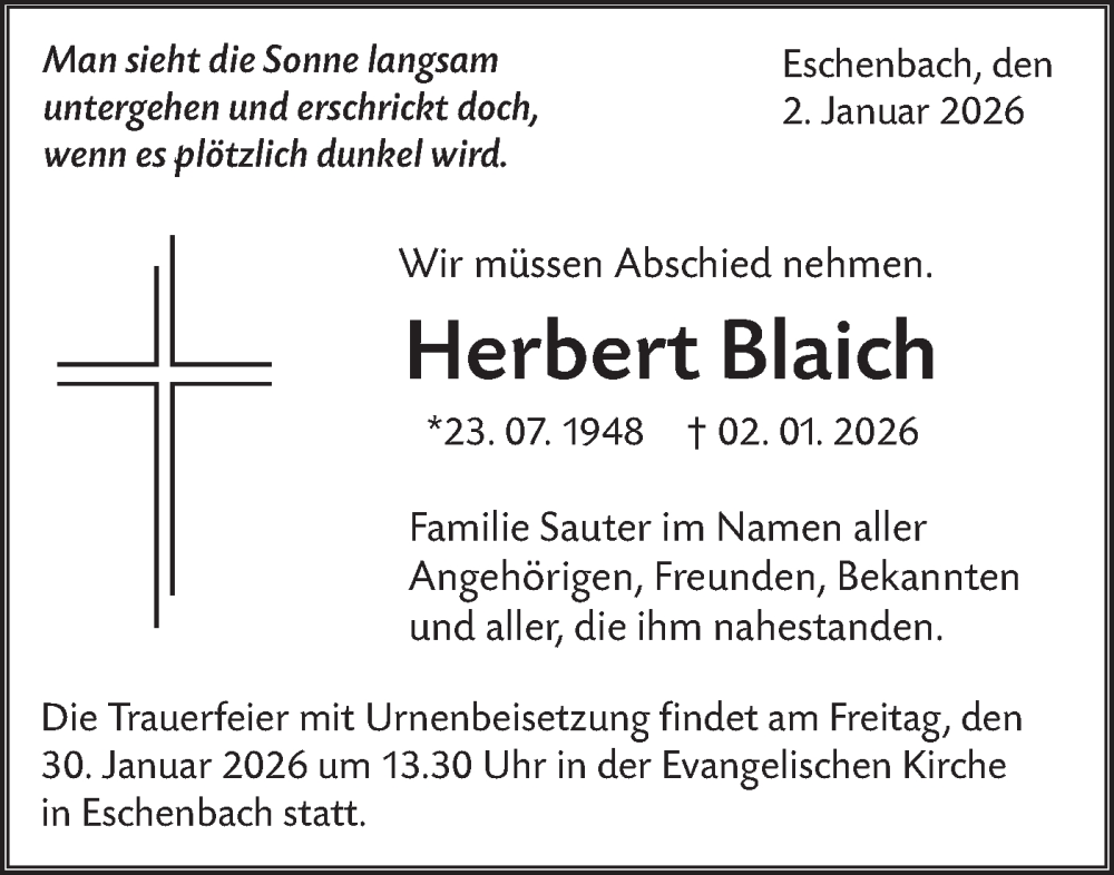  Traueranzeige für Herbert Blaich vom 24.01.2026 aus NWZ Neue Württembergische Zeitung