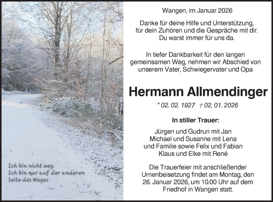 Traueranzeige von Hermann Allmendinger von NWZ Neue Württembergische Zeitung