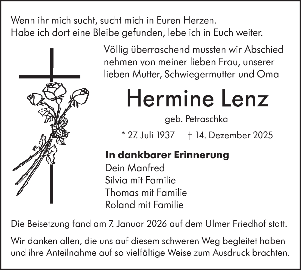  Traueranzeige für Hermine Lenz vom 10.01.2026 aus SÜDWEST PRESSE Ausgabe Ulm/Neu-Ulm