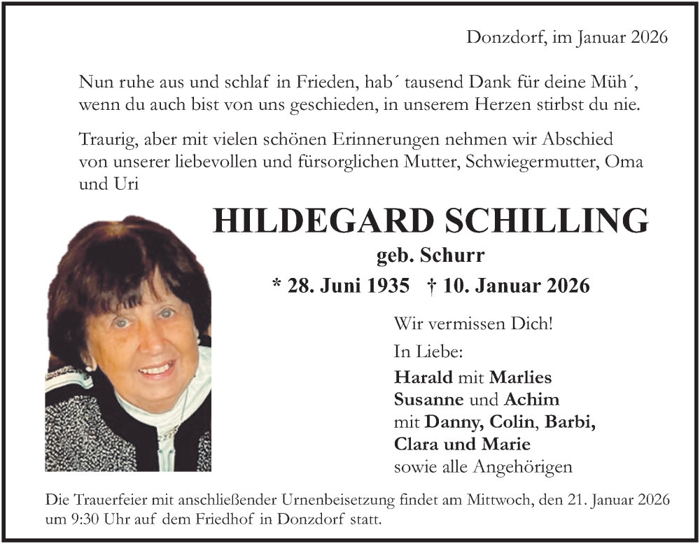  Traueranzeige für Hildegard Schilling vom 17.01.2026 aus NWZ Neue Württembergische Zeitung