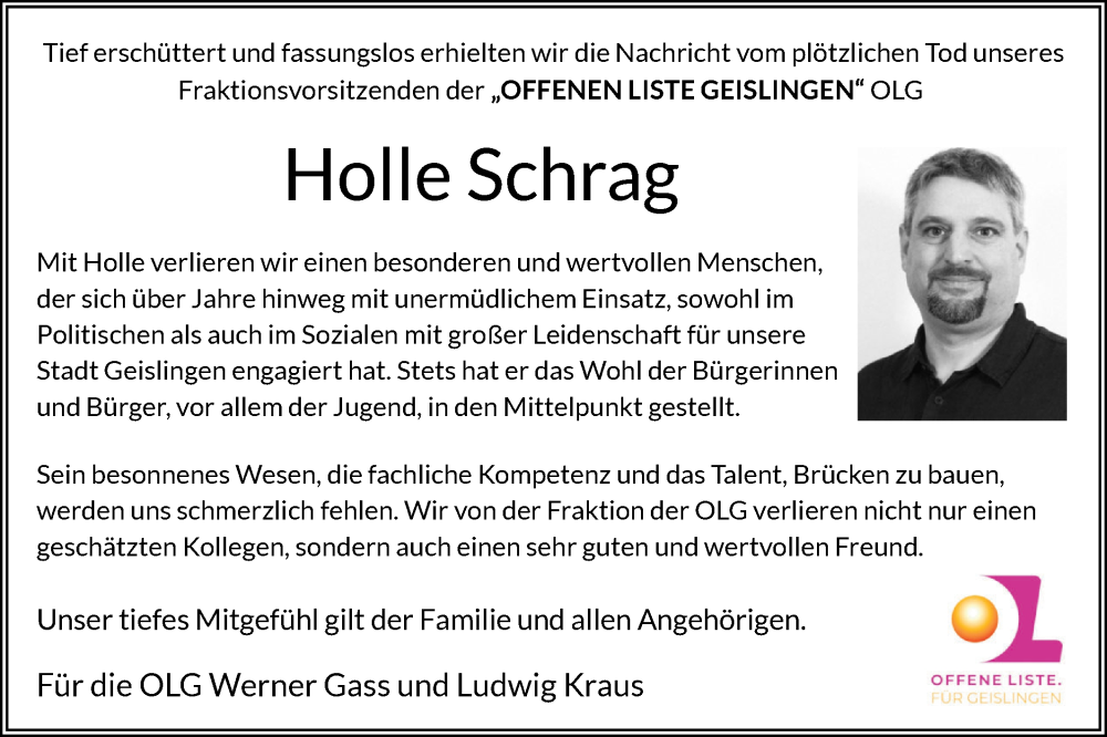  Traueranzeige für Holger Schrag vom 24.01.2026 aus Geislinger Zeitung