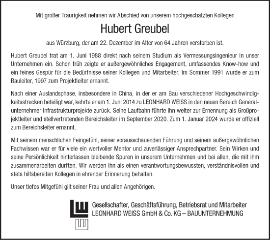 Traueranzeige von Hubert Greubel von Hohenloher Tagblatt