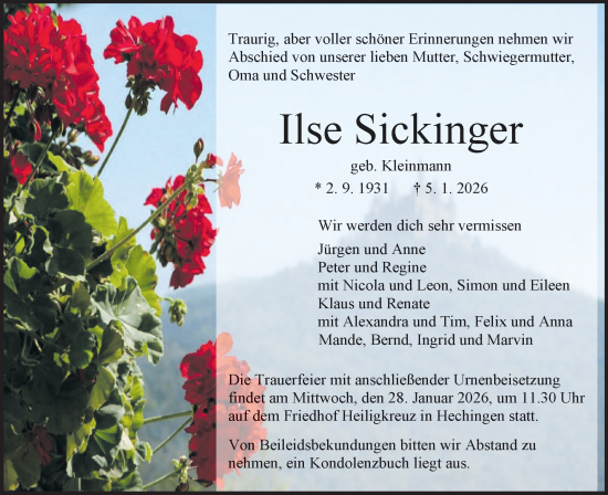 Traueranzeige von Ilse Sickinger von SÜDWEST PRESSE Zollernalbkreis/Hohenzollerische Zeitung