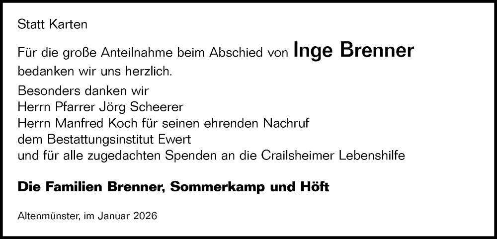  Traueranzeige für Inge Brenner vom 14.01.2026 aus Hohenloher Tagblatt