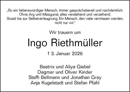 Traueranzeige von Ingo Riethmüller von Schwäbische Tagblatt