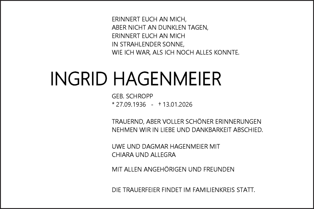  Traueranzeige für Ingrid Hagenmeier vom 24.01.2026 aus SÜDWEST PRESSE Ausgabe Ulm/Neu-Ulm