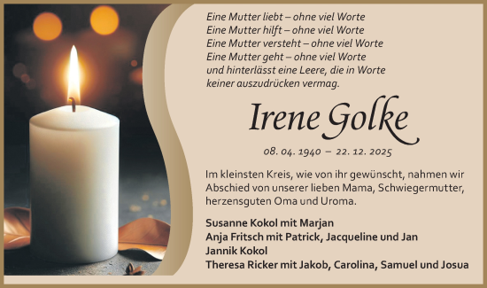 Traueranzeige von Irene Golke von Alb-Bote/Metzinger-Uracher Volksblatt