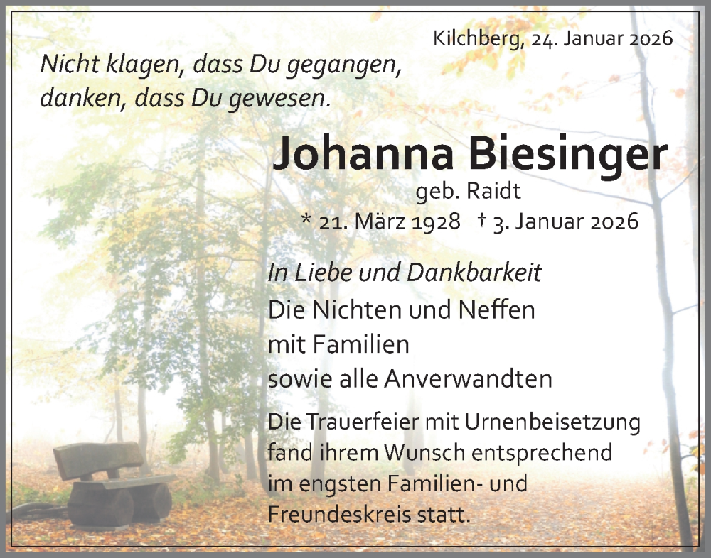  Traueranzeige für Johanna Biesinger vom 24.01.2026 aus Schwäbische Tagblatt