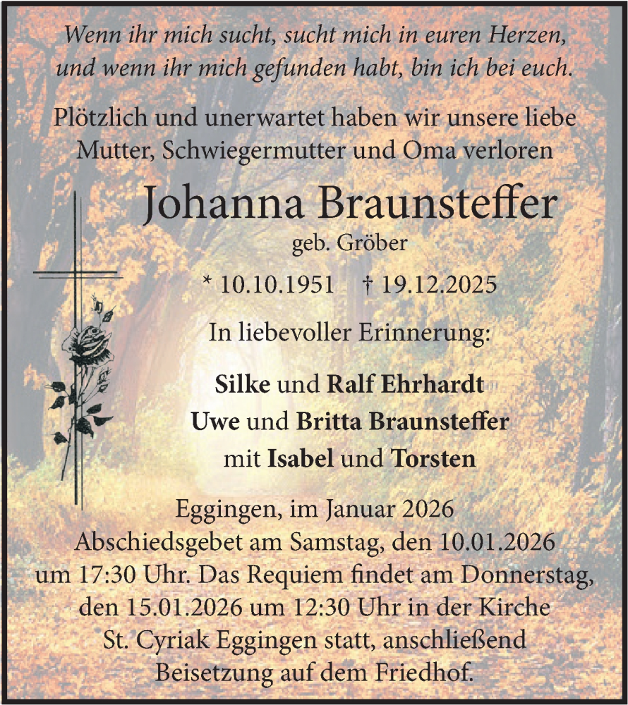  Traueranzeige für Johanna Braunsteffer vom 10.01.2026 aus SÜDWEST PRESSE Ausgabe Ulm/Neu-Ulm