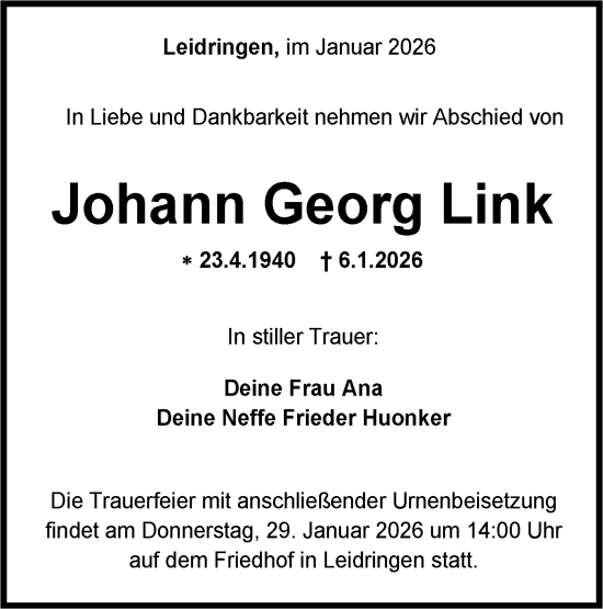 Traueranzeige von Johann Georg Link von SÜDWEST PRESSE Zollernalbkreis/Hohenzollerische Zeitung