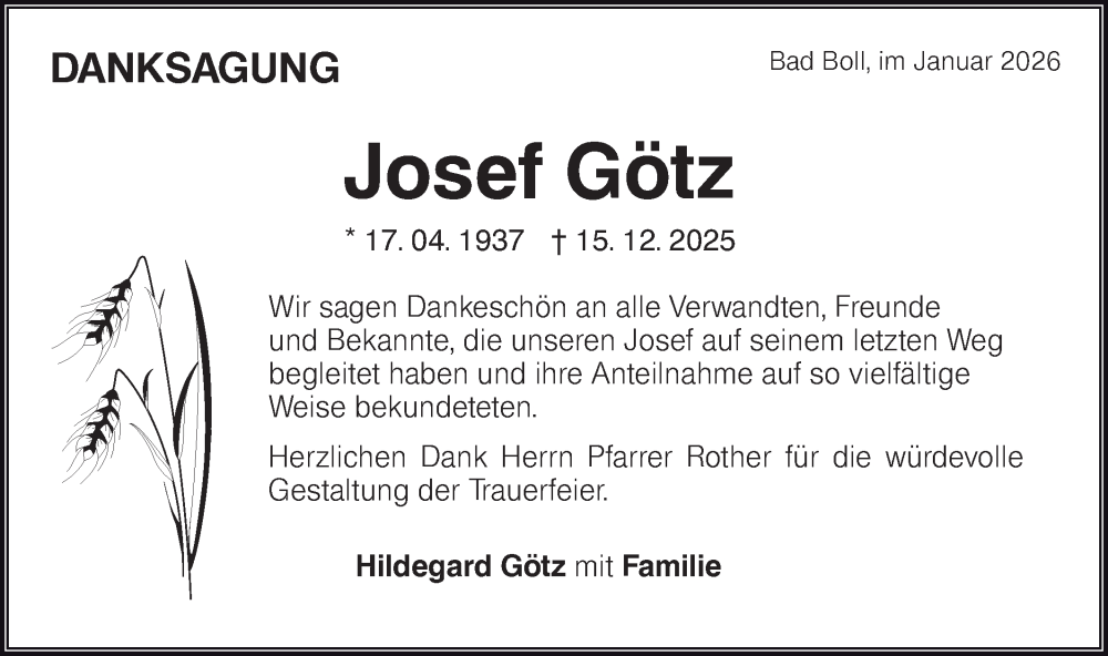  Traueranzeige für Josef Götz vom 17.01.2026 aus NWZ Neue Württembergische Zeitung