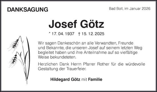 Traueranzeige von Josef Götz von NWZ Neue Württembergische Zeitung
