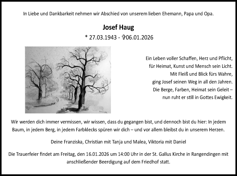  Traueranzeige für Josef Haug vom 13.01.2026 aus SÜDWEST PRESSE Zollernalbkreis/Hohenzollerische Zeitung