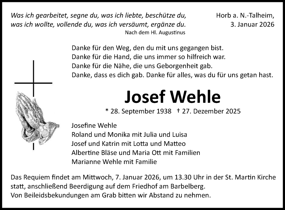  Traueranzeige für Josef Wehle vom 03.01.2026 aus Neckar-Chronik