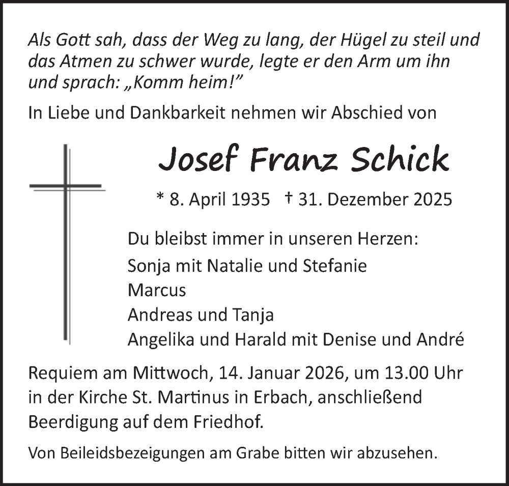 Traueranzeige für Josef Franz Schick vom 10.01.2026 aus SÜDWEST PRESSE Ausgabe Ulm/Neu-Ulm