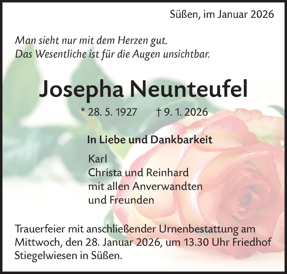  Traueranzeige für Josepha Neunteufel vom 24.01.2026 aus NWZ Neue Württembergische Zeitung