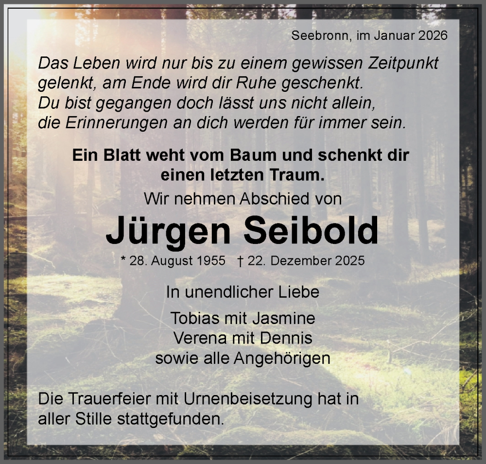  Traueranzeige für Jürgen Seibold vom 14.01.2026 aus Schwäbische Tagblatt