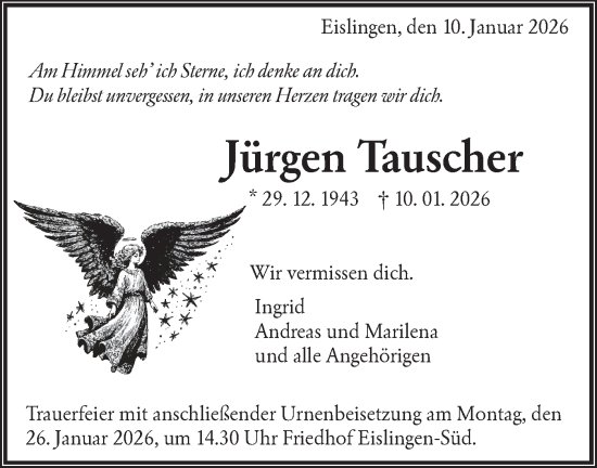 Traueranzeige von Jürgen Tauscher von NWZ Neue Württembergische Zeitung