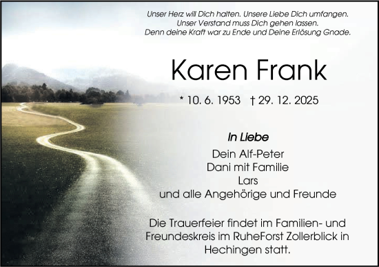 Traueranzeige von Karen Frank von SÜDWEST PRESSE Zollernalbkreis/Hohenzollerische Zeitung