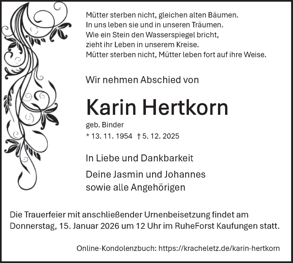  Traueranzeige für Karin Hertkorn vom 10.01.2026 aus SÜDWEST PRESSE Zollernalbkreis/Hohenzollerische Zeitung