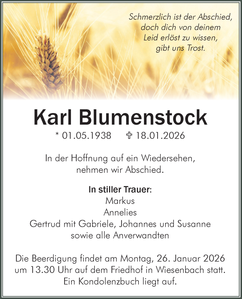  Traueranzeige für Karl Blumenstock vom 24.01.2026 aus Hohenloher Tagblatt