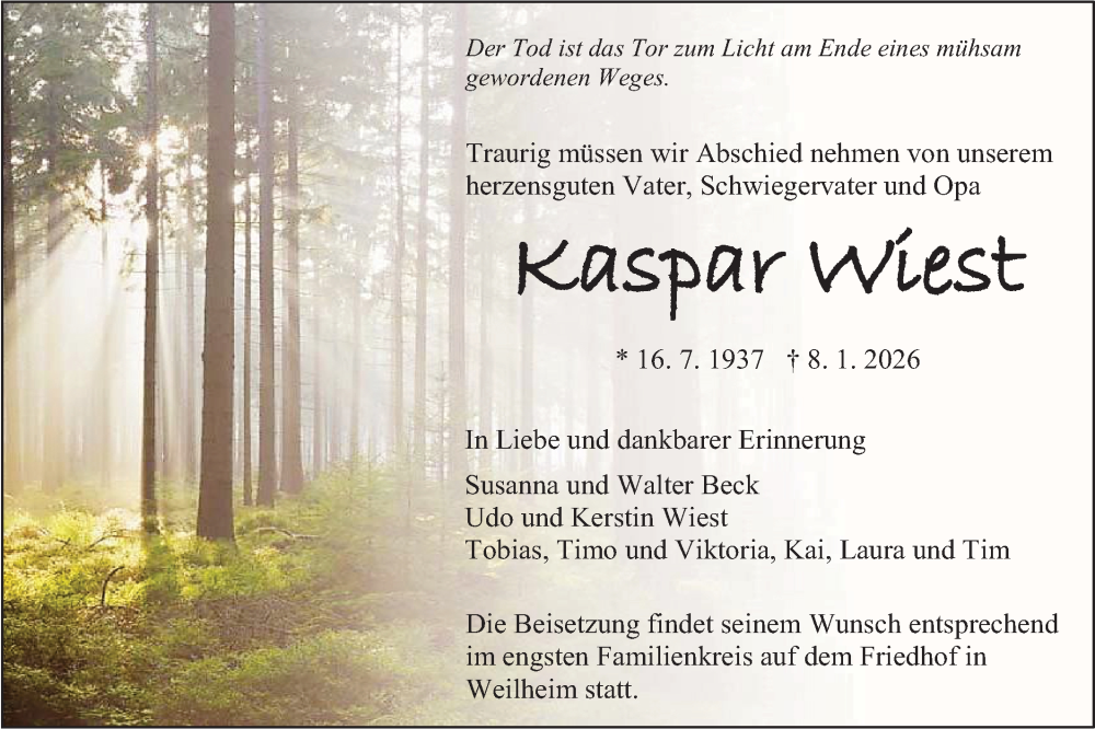  Traueranzeige für Kaspar Wiest vom 13.01.2026 aus SÜDWEST PRESSE Zollernalbkreis/Hohenzollerische Zeitung