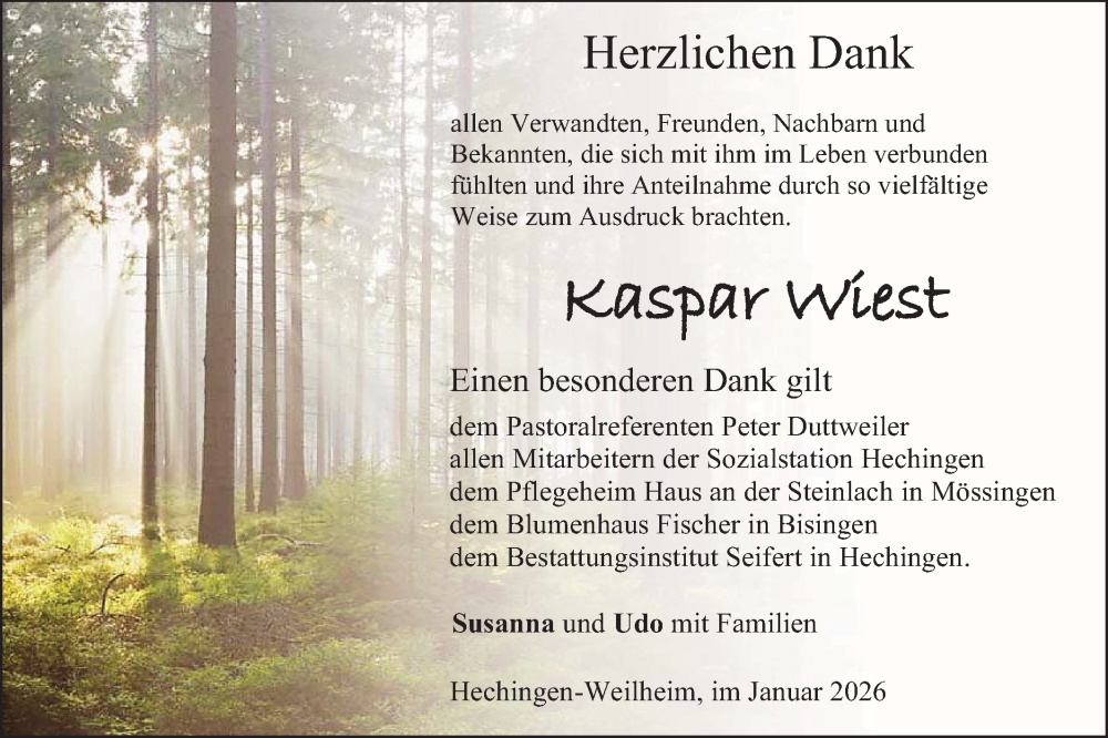  Traueranzeige für Kaspar Wiest vom 24.01.2026 aus SÜDWEST PRESSE Zollernalbkreis/Hohenzollerische Zeitung