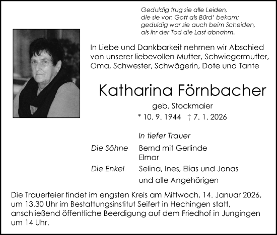 Traueranzeige von Katharina Förnbacher von SÜDWEST PRESSE Zollernalbkreis/Hohenzollerische Zeitung