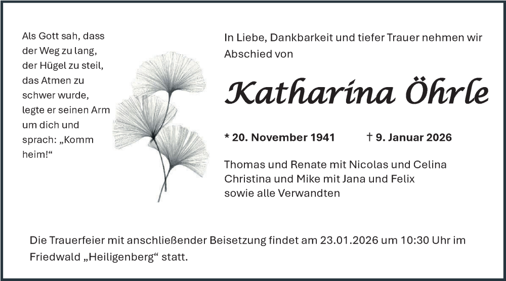  Traueranzeige für Katharina Öhrle vom 17.01.2026 aus Ehinger Tagblatt