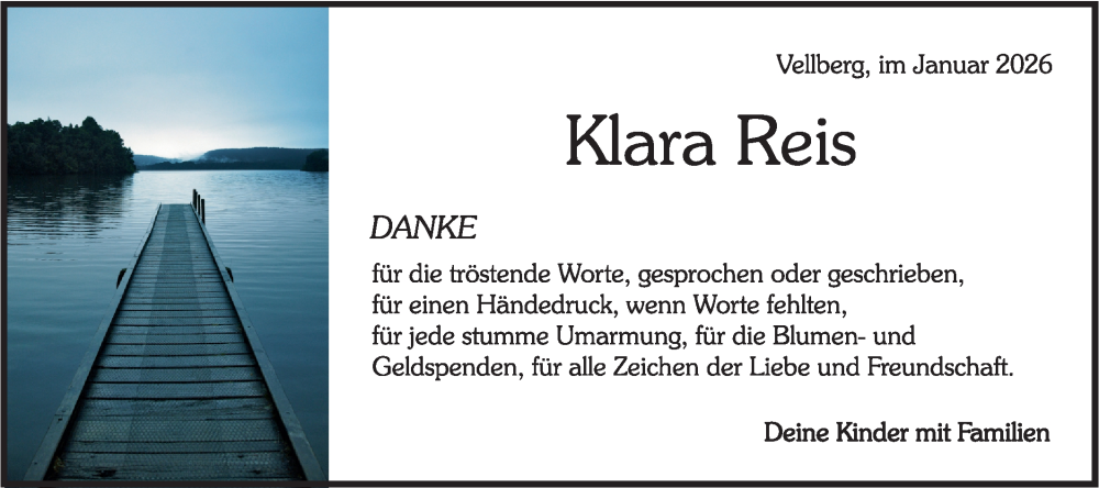  Traueranzeige für Klara Reis vom 23.01.2026 aus Rundschau Gaildorf/Haller Tagblatt