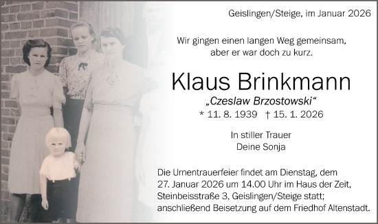 Traueranzeige von Klaus Brinkmann von Geislinger Zeitung