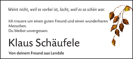 Traueranzeige von Klaus Schäufele von Hohenloher Tagblatt