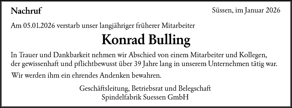  Traueranzeige für Konrad Bulling vom 14.01.2026 aus NWZ Neue Württembergische Zeitung