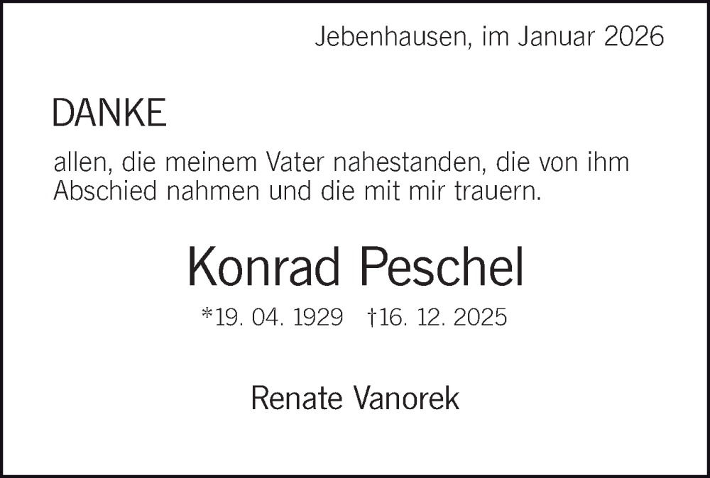  Traueranzeige für Konrad Peschel vom 17.01.2026 aus NWZ Neue Württembergische Zeitung