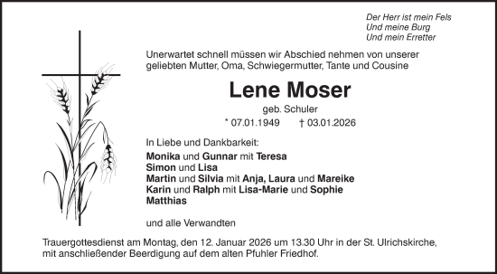Traueranzeige von Lene Moser von SÜDWEST PRESSE Ausgabe Ulm/Neu-Ulm/Neu-Ulmer Zeitung