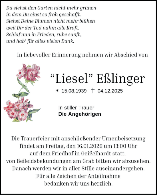 Traueranzeige von Liesel Eßlinger von Haller Tagblatt
