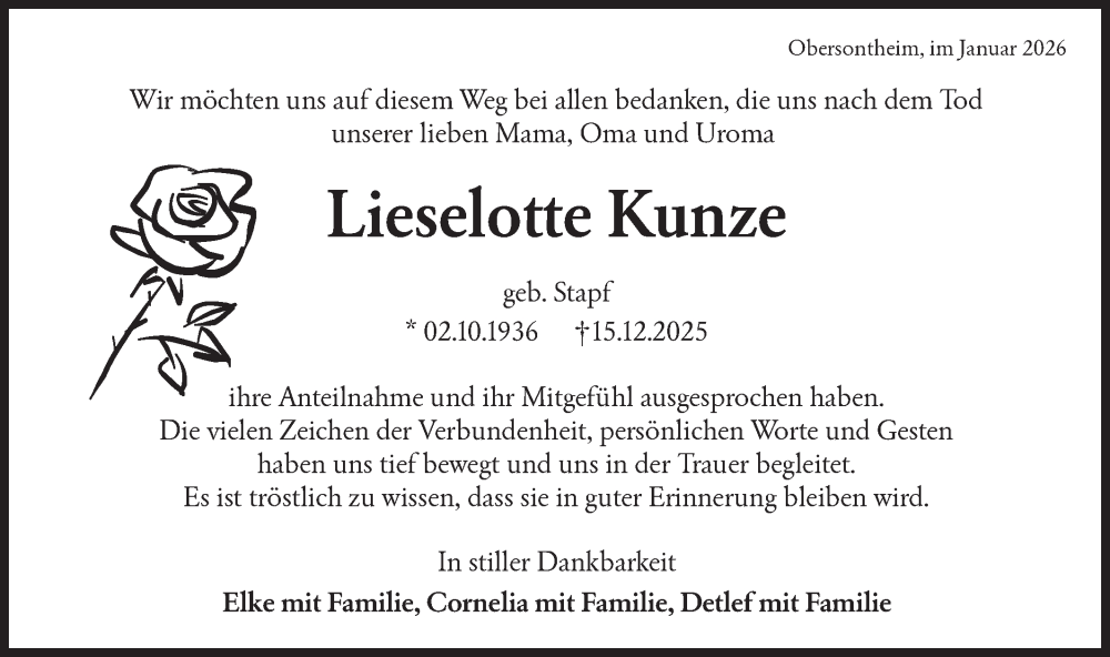  Traueranzeige für Lieselotte Kunze vom 24.01.2026 aus Haller Tagblatt