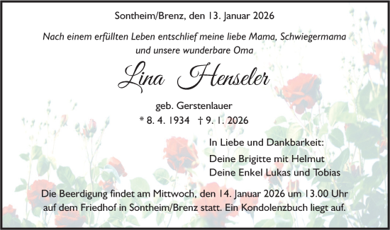 Traueranzeige von Lina Henseler von SÜDWEST PRESSE Ausgabe Ulm/Neu-Ulm