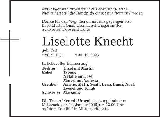 Traueranzeige von Liselotte Knecht von Alb-Bote/Metzinger-Uracher Volksblatt