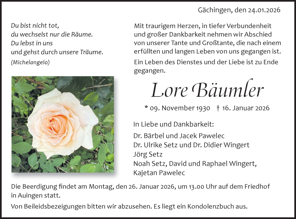  Traueranzeige für Lore Bäumler vom 24.01.2026 aus Alb-Bote/Metzinger-Uracher Volksblatt