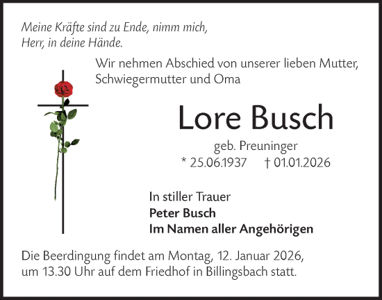 Traueranzeige von Lore Busch von Hohenloher Tagblatt