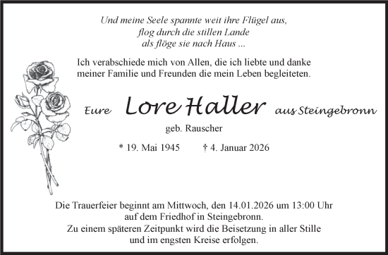 Traueranzeige von Lore Haller von Alb-Bote/Metzinger-Uracher Volksblatt