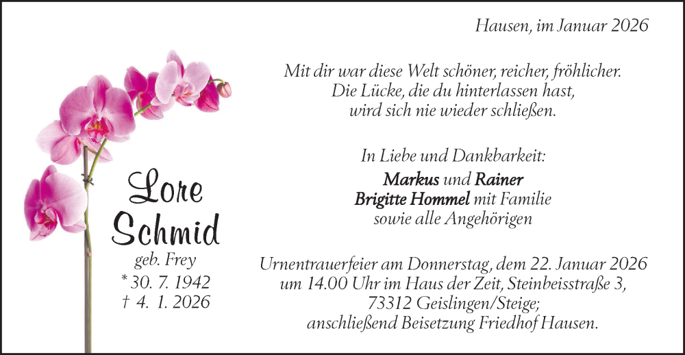  Traueranzeige für Lore Schmid vom 17.01.2026 aus Geislinger Zeitung